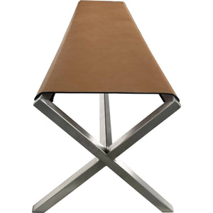 One Modern Coastal Director's Style Leather Dining Bench in Cognac and Brushed Stainless Steel