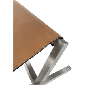 One Modern Coastal Director's Style Leather Dining Bench in Cognac and Brushed Stainless Steel