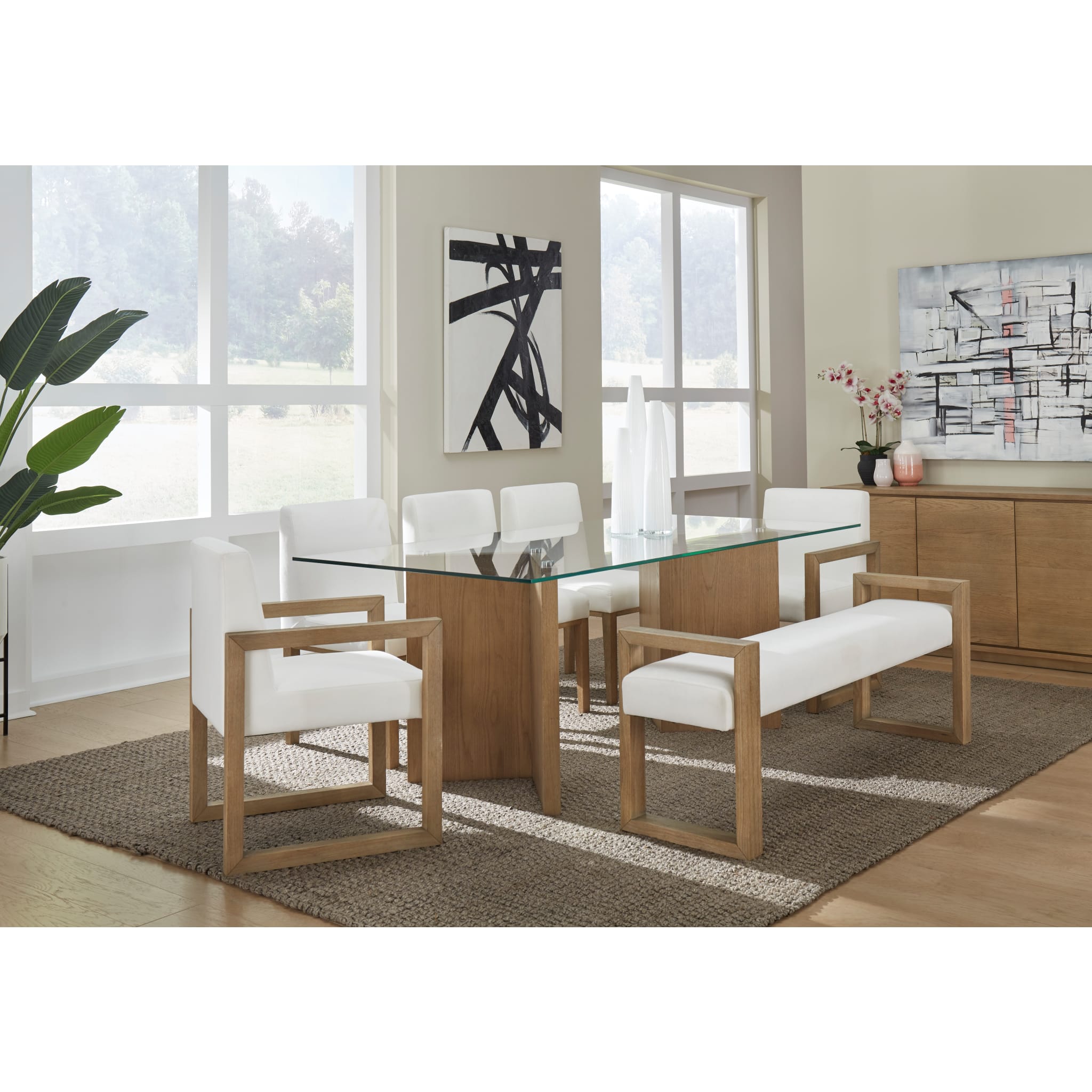 One Modern Coastal Glass Top Dining Table in White Oak