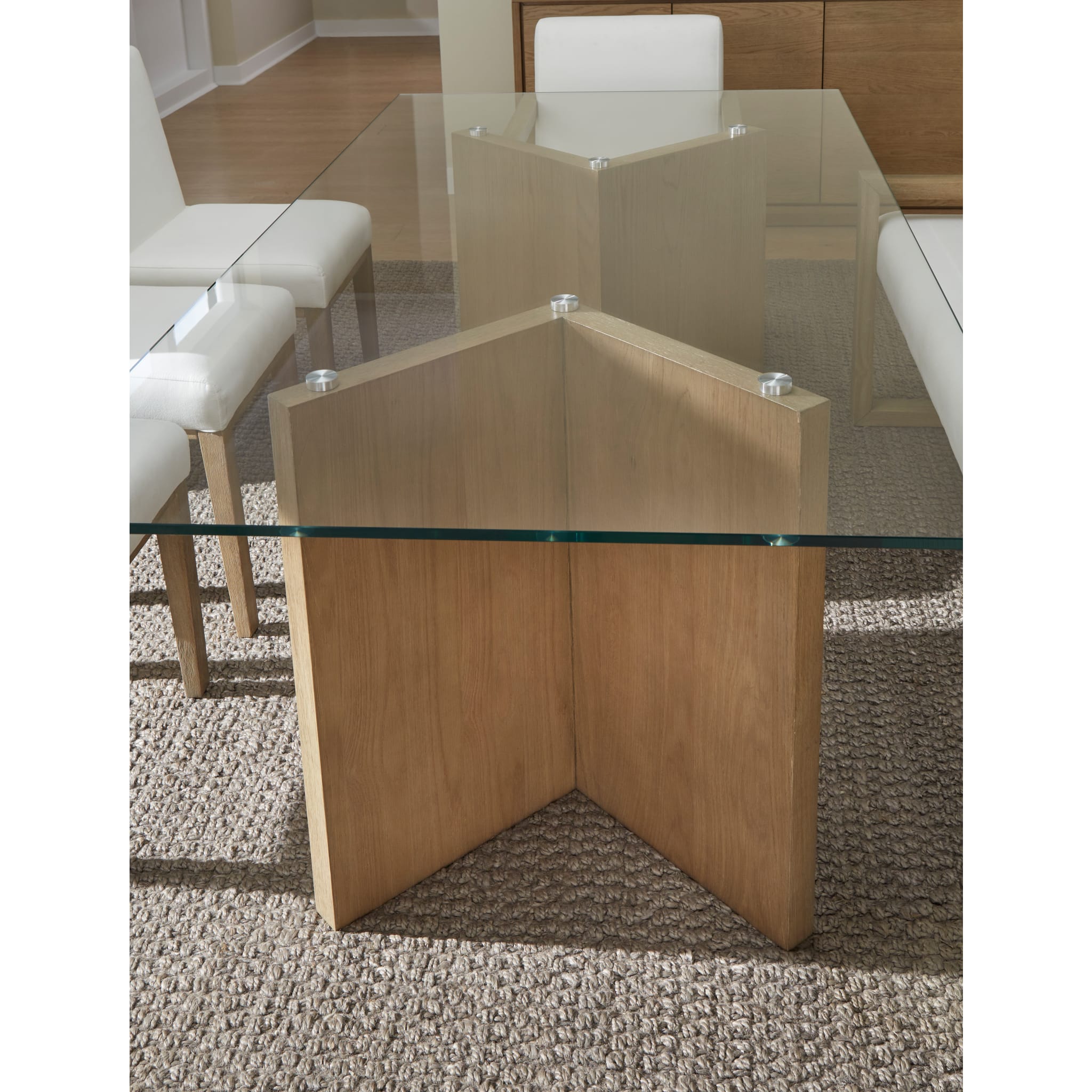 One Modern Coastal Glass Top Dining Table in White Oak