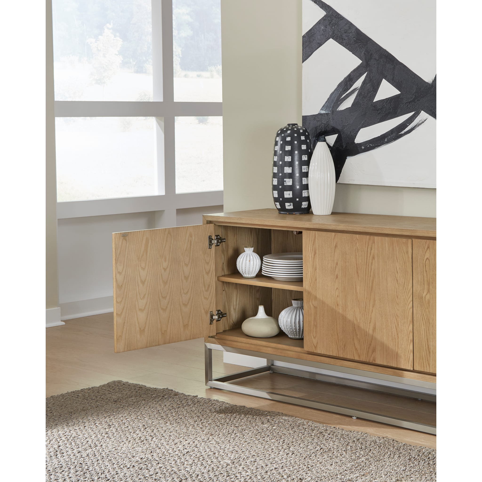 One Modern Coastal Metal Base Sideboard in White Oak and Brushed Stainless Steel