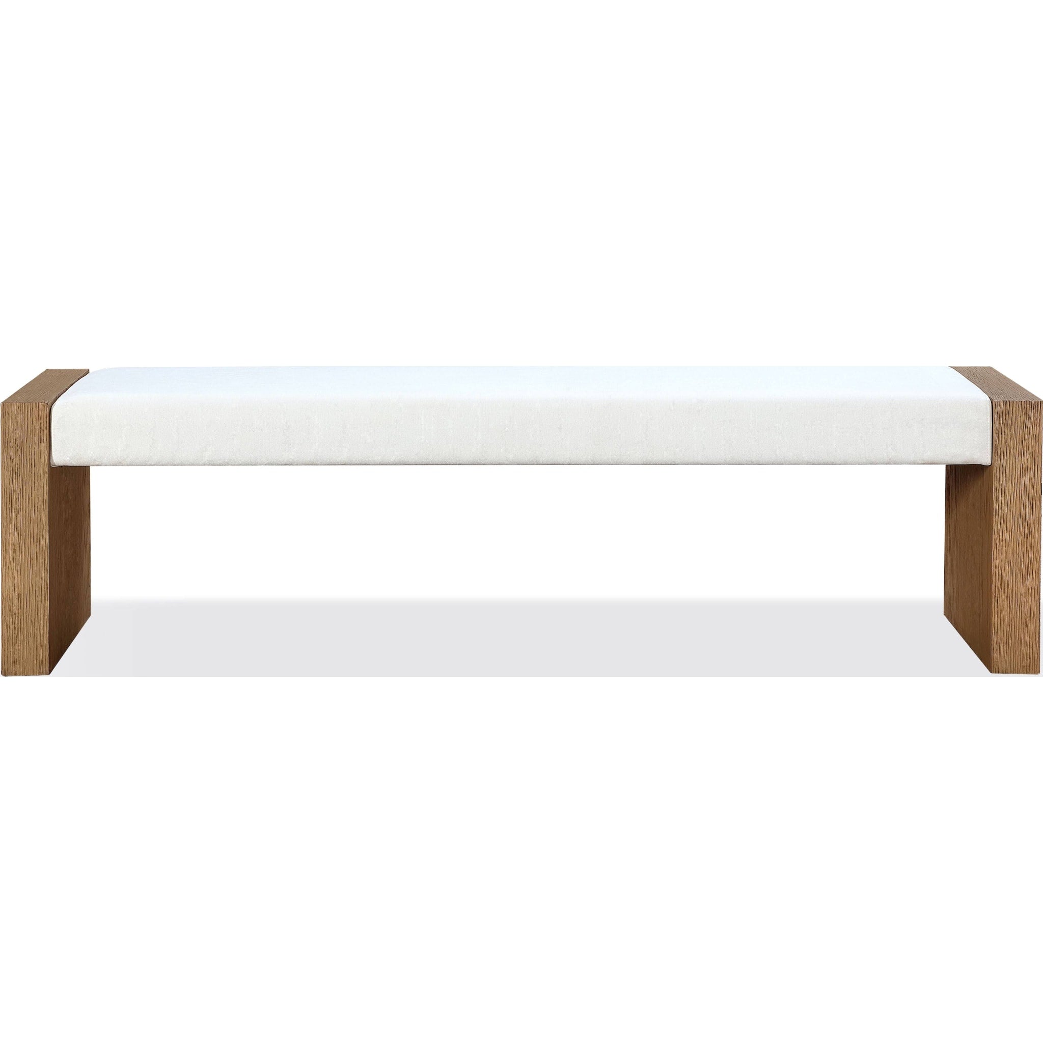 One Modern Coastal Slab Leg Upholstered Dining Bench in White Oak and White Pearl