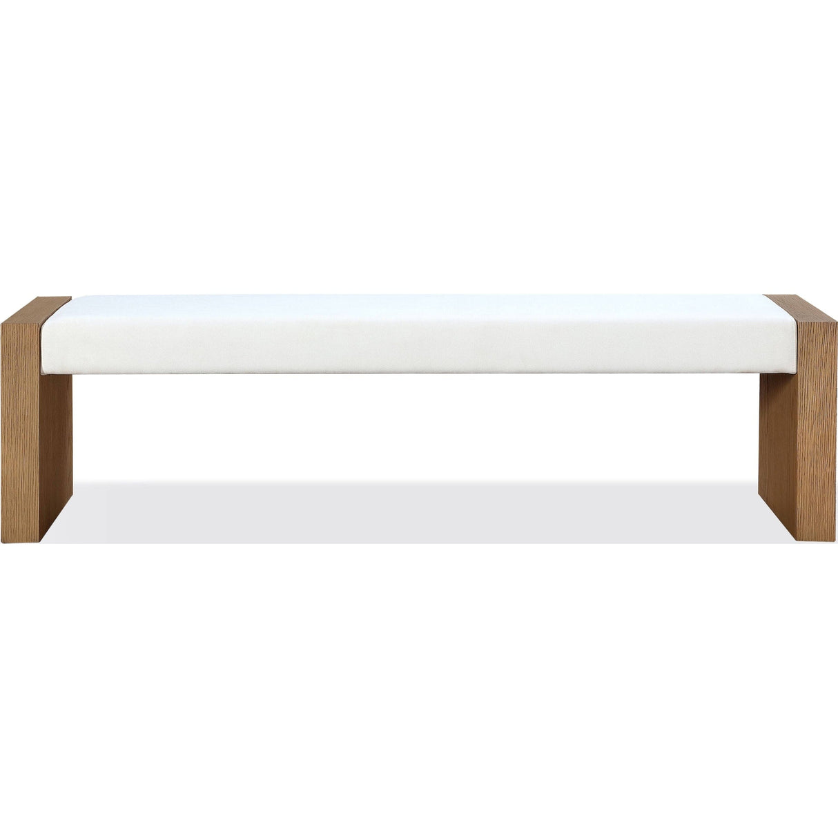 One Modern Coastal Slab Leg Upholstered Dining Bench in White Oak and White Pearl