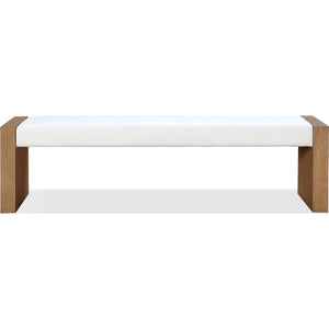 One Modern Coastal Slab Leg Upholstered Dining Bench in White Oak and White Pearl