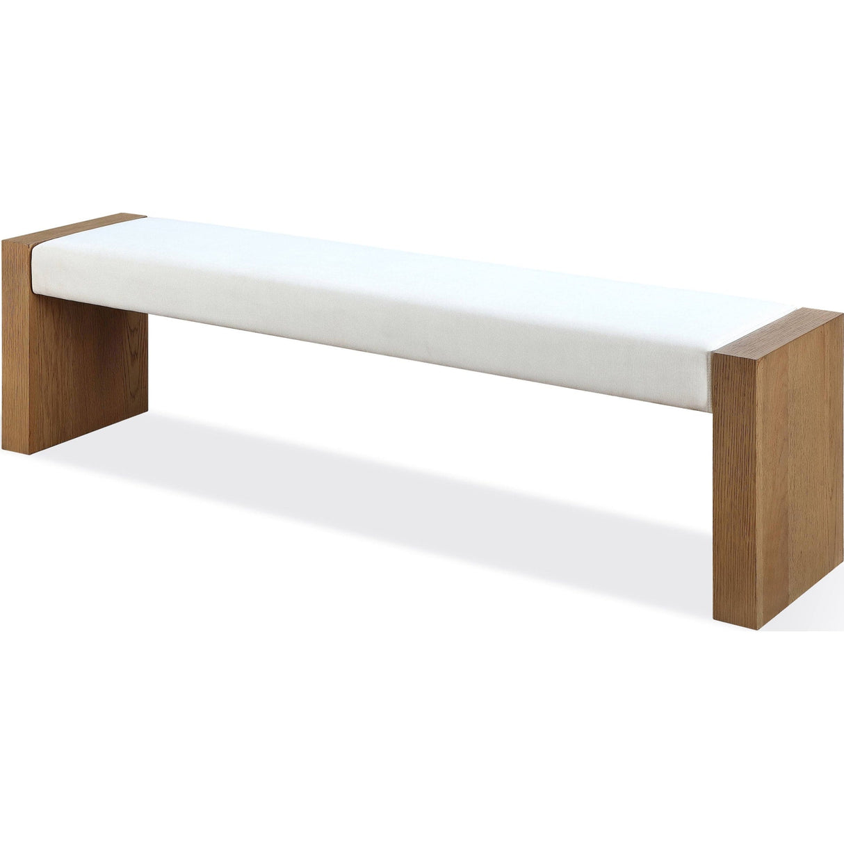 One Modern Coastal Slab Leg Upholstered Dining Bench in White Oak and White Pearl