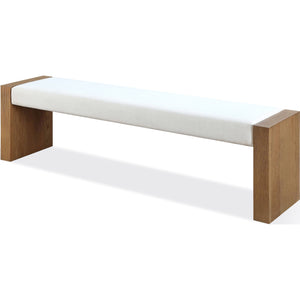 One Modern Coastal Slab Leg Upholstered Dining Bench in White Oak and White Pearl