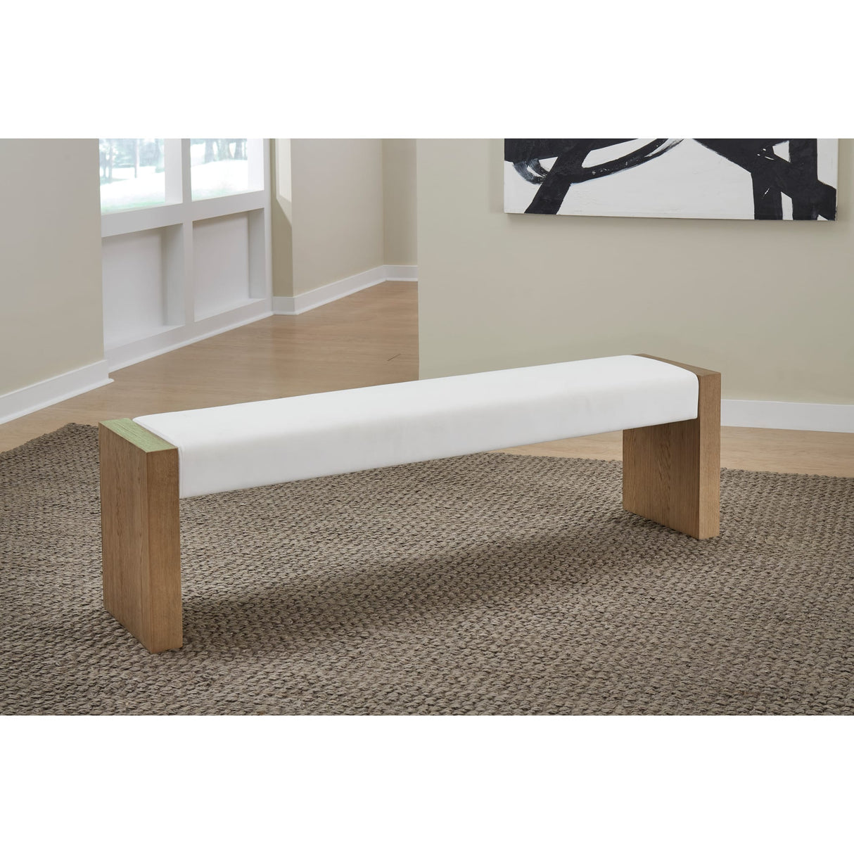 One Modern Coastal Slab Leg Upholstered Dining Bench in White Oak and White Pearl
