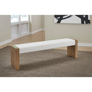 One Modern Coastal Slab Leg Upholstered Dining Bench in White Oak and White Pearl