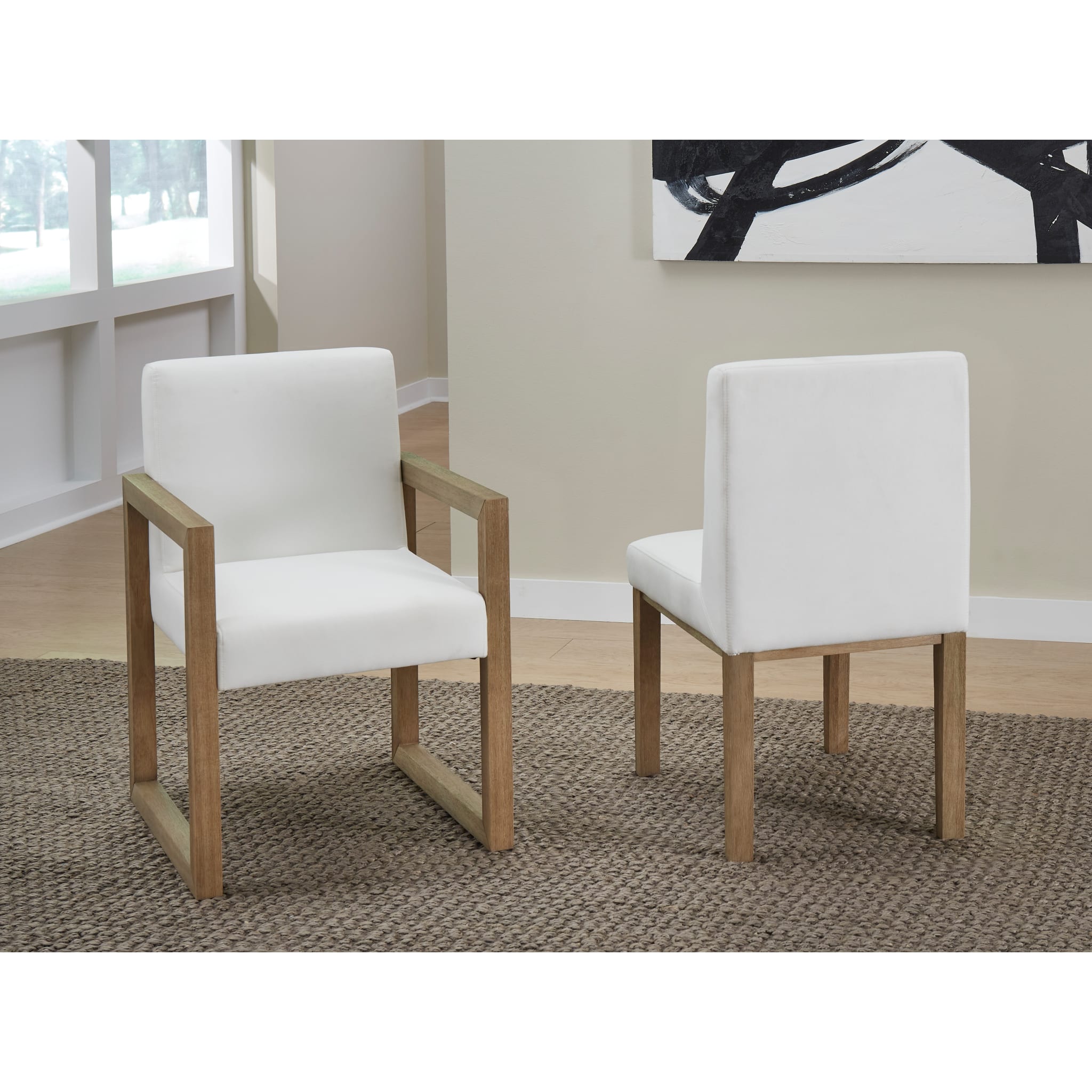 One Modern Coastal Sled Leg Upholstered Dining Arm Chair in White Pearl and Bisque