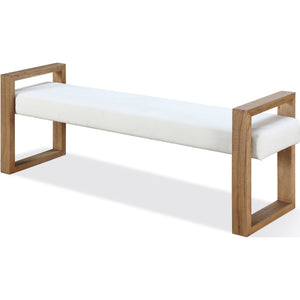 One Modern Coastal Sled Leg Upholstered Dining Bench in White Pearl and Bisque