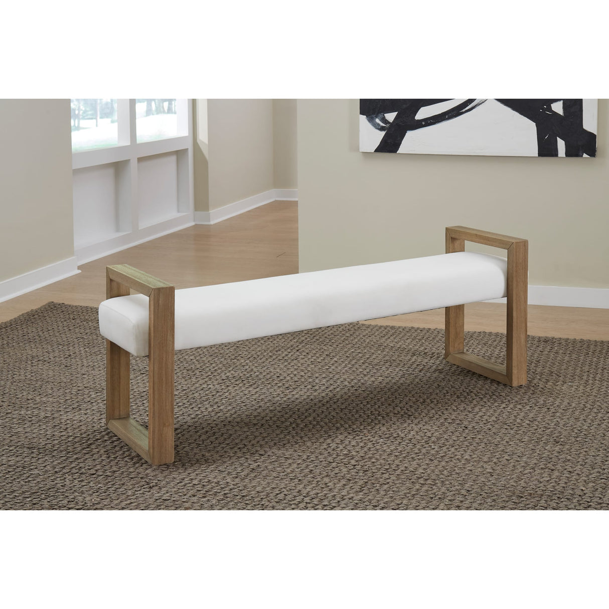 One Modern Coastal Sled Leg Upholstered Dining Bench in White Pearl and Bisque