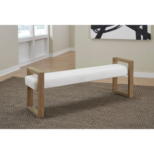One Modern Coastal Sled Leg Upholstered Dining Bench in White Pearl and Bisque