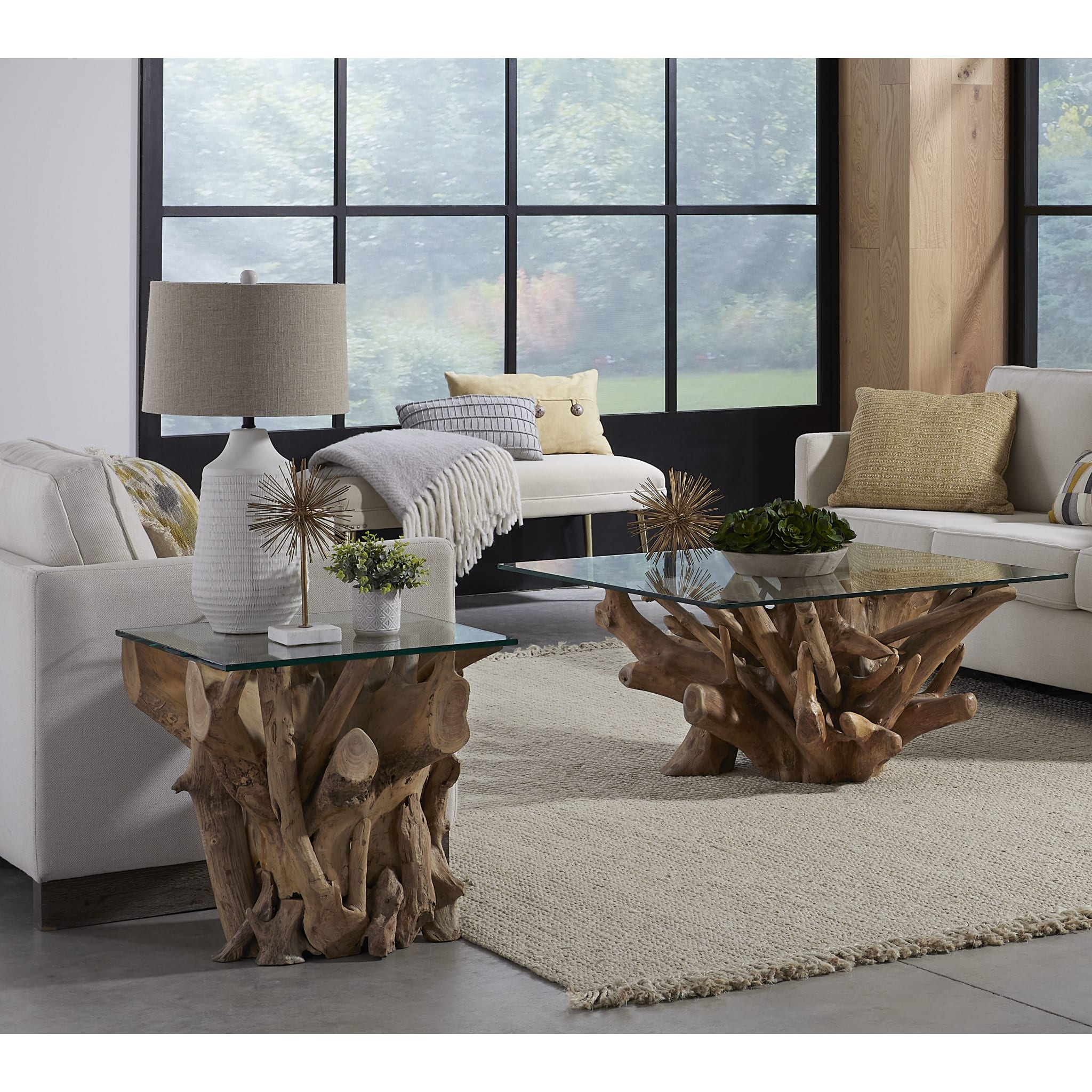 One Solid Teak Root Glass Top Coffee Table