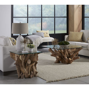 One Solid Teak Root Glass Top Coffee Table