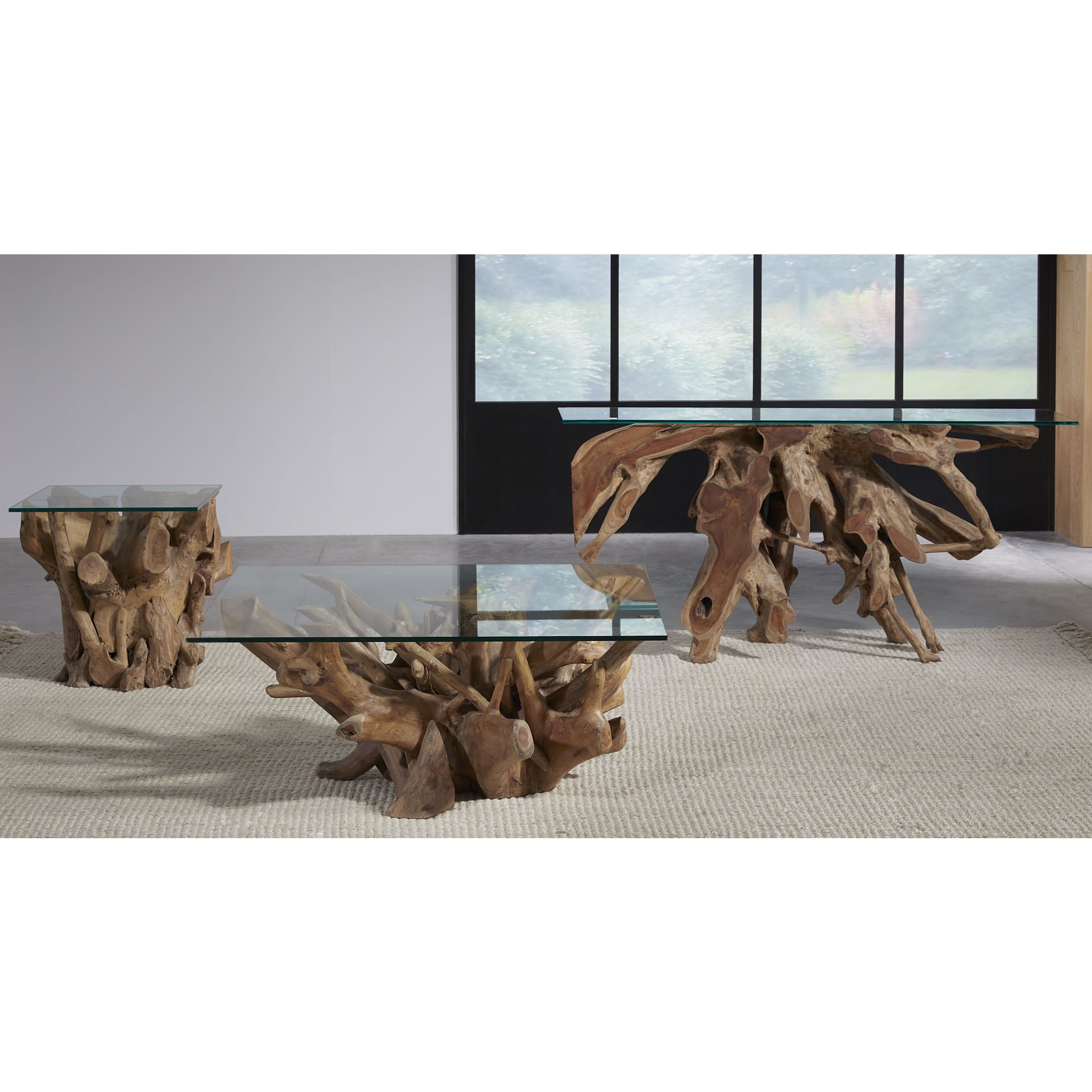 One Solid Teak Root Glass Top Coffee Table