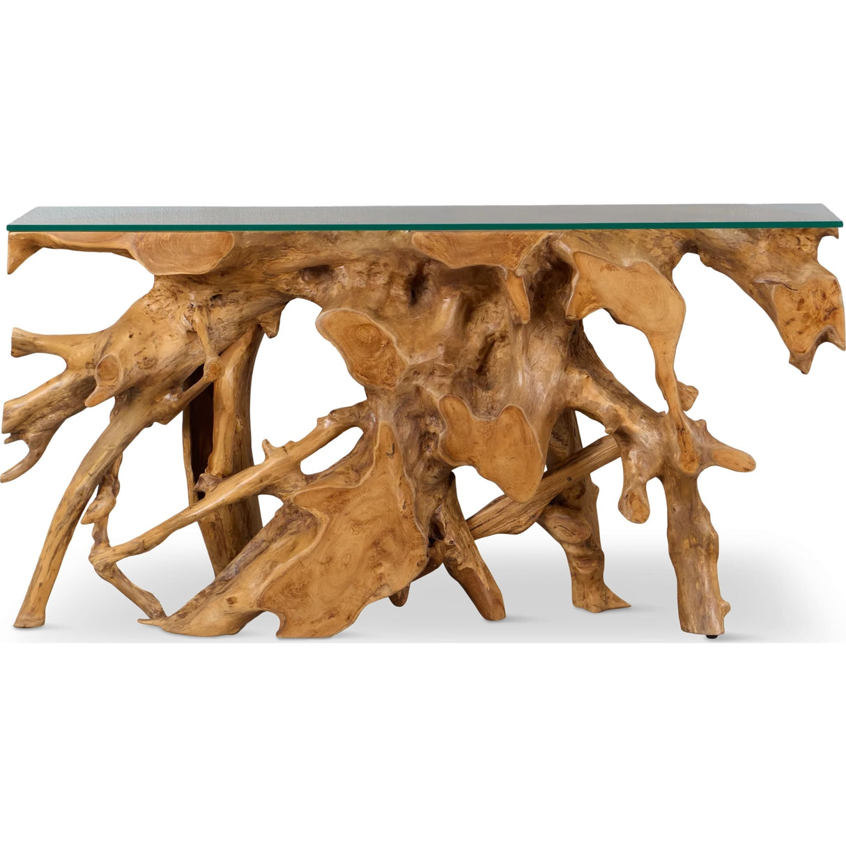 One Solid Teak Root Glass Top Console Table