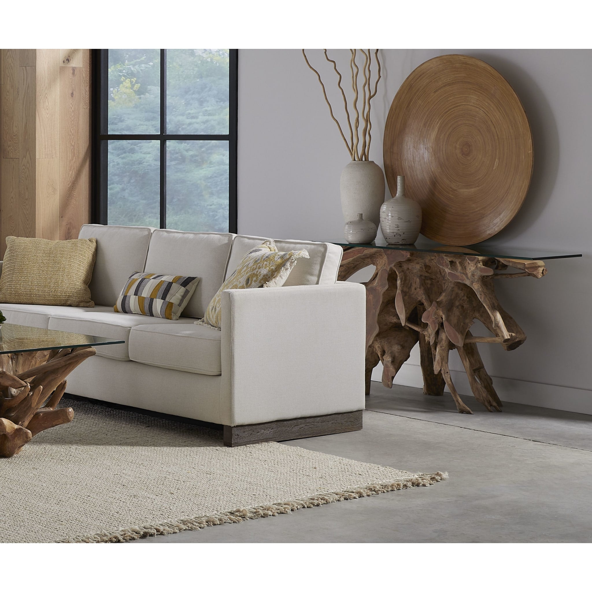 One Solid Teak Root Glass Top Console Table