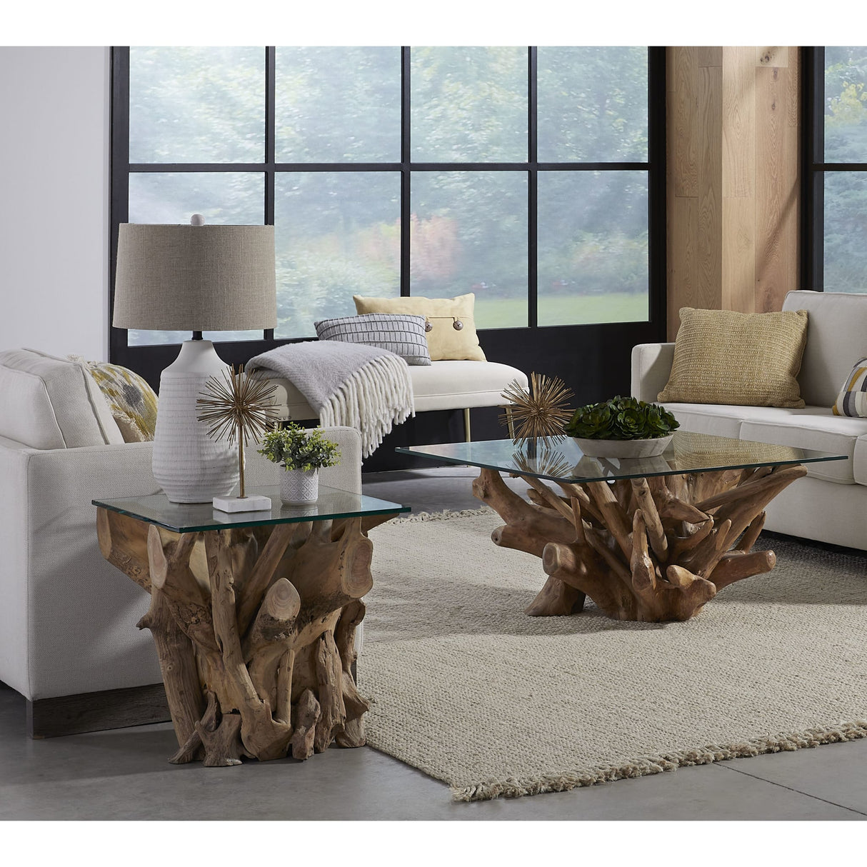 One Solid Teak Root Glass Top End Table
