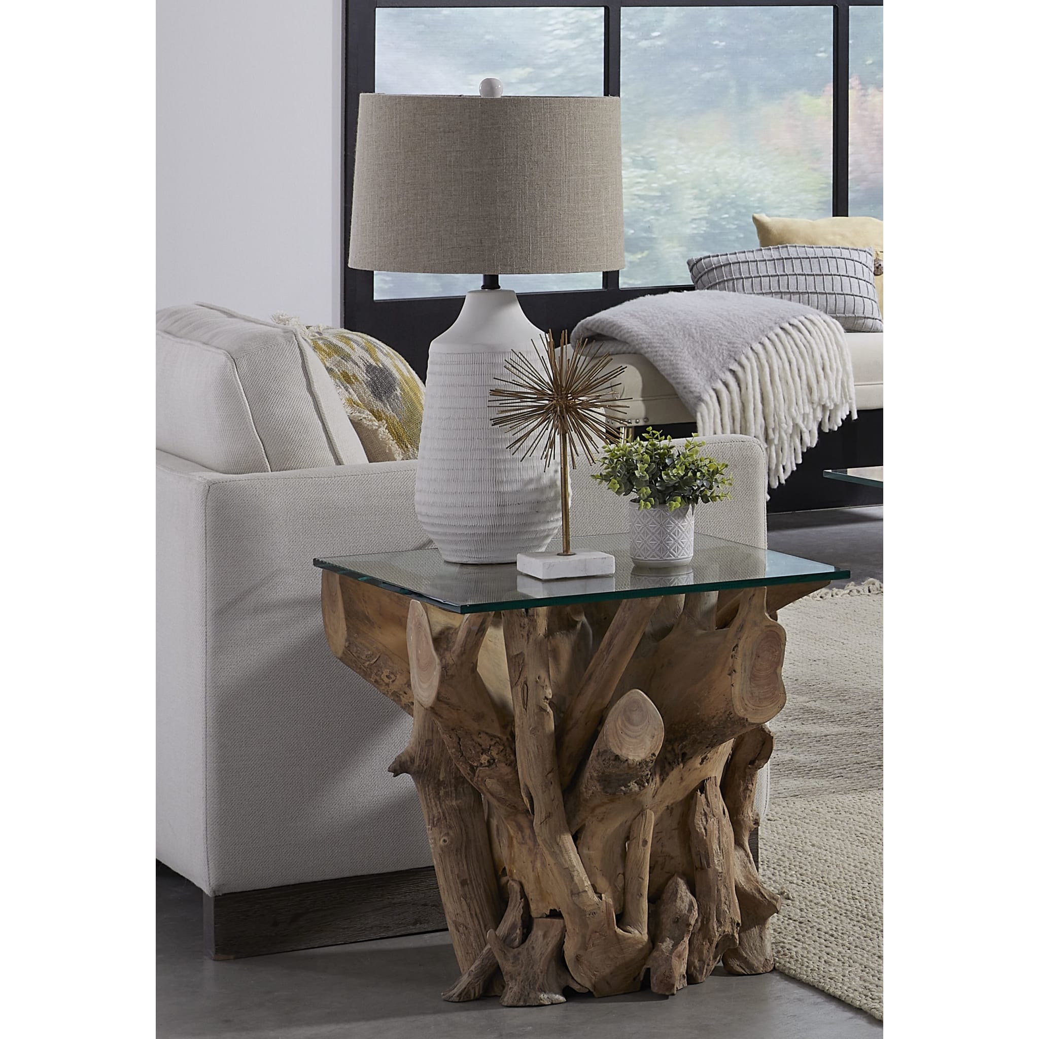 One Solid Teak Root Glass Top End Table