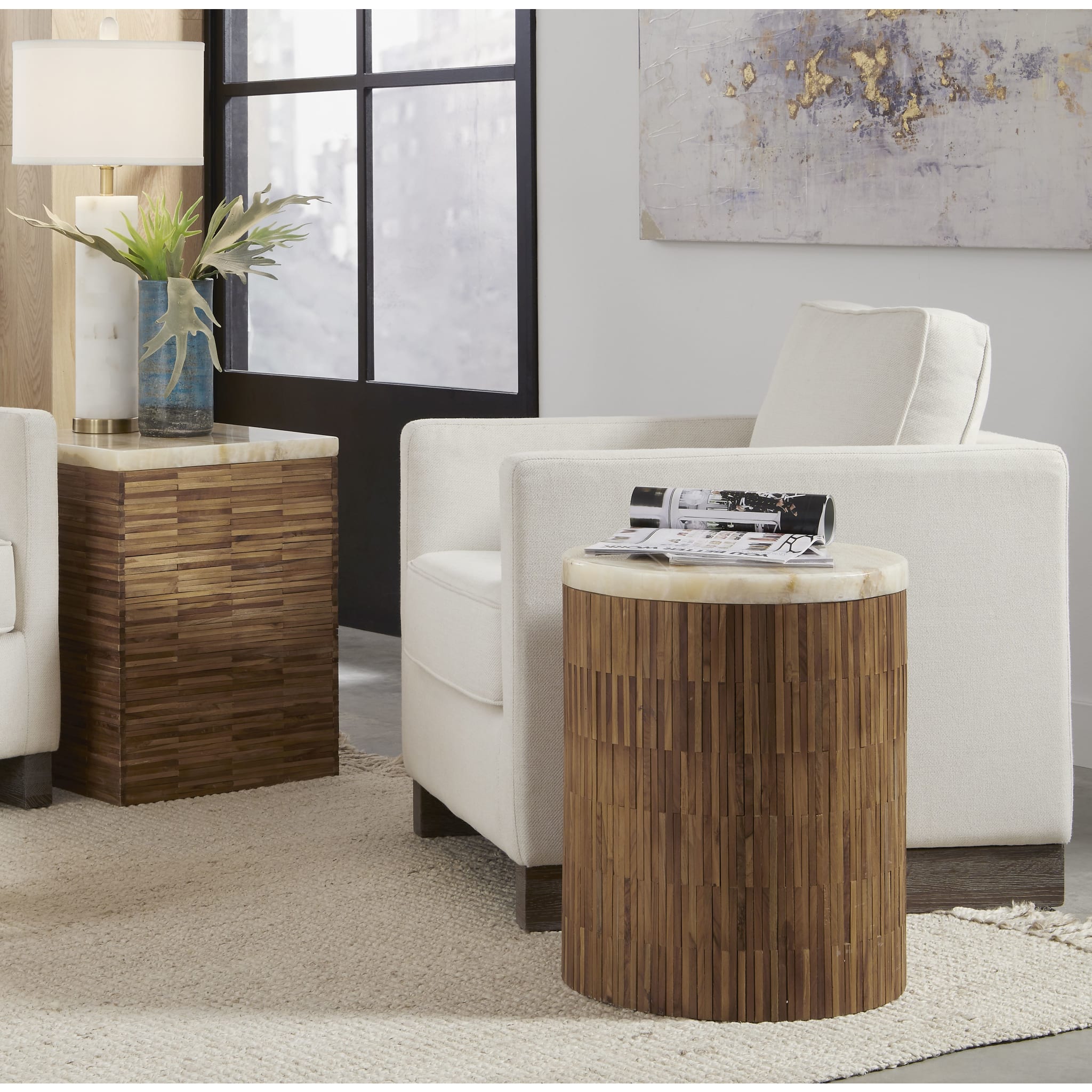 One Stone Wood Tile End Table in Onyx and Solid Teak