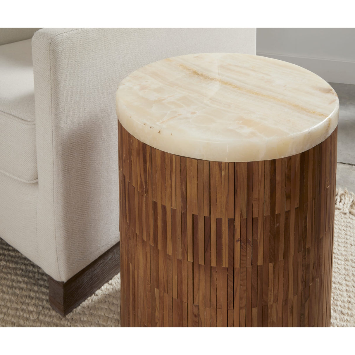 One Stone Wood Tile Round End Table in Onyx and Solid Teak