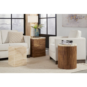 One Stone Wood Tile Round End Table in Onyx and Solid Teak