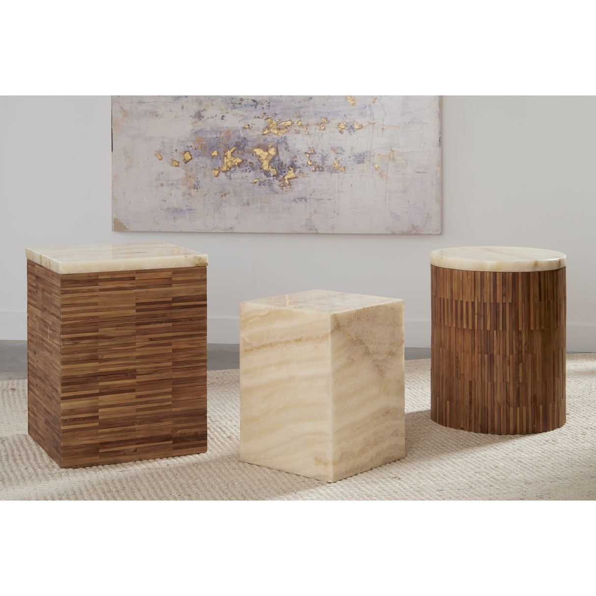 One Stone Wood Tile Round End Table in Onyx and Solid Teak