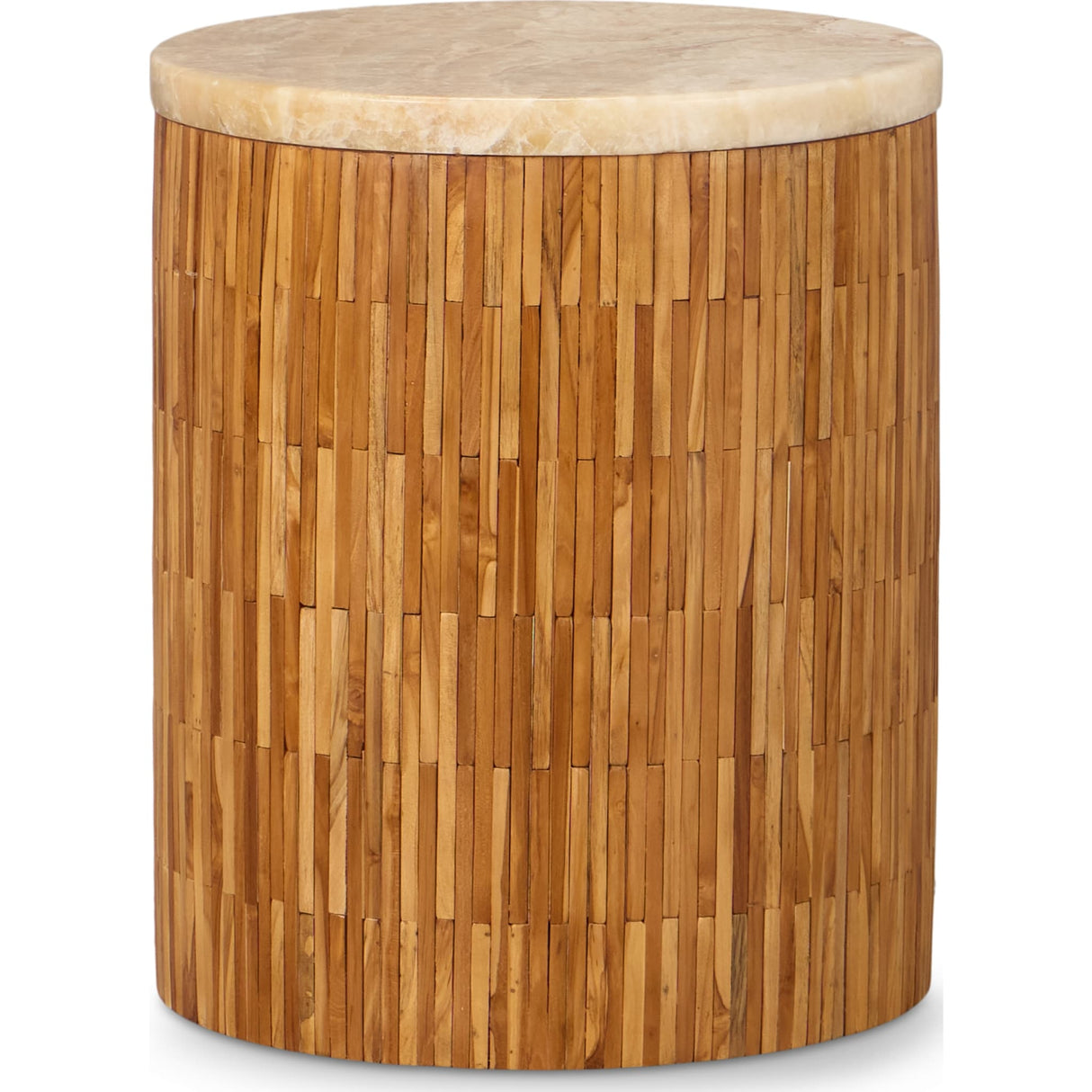 One Stone Wood Tile Round End Table in Onyx and Solid Teak