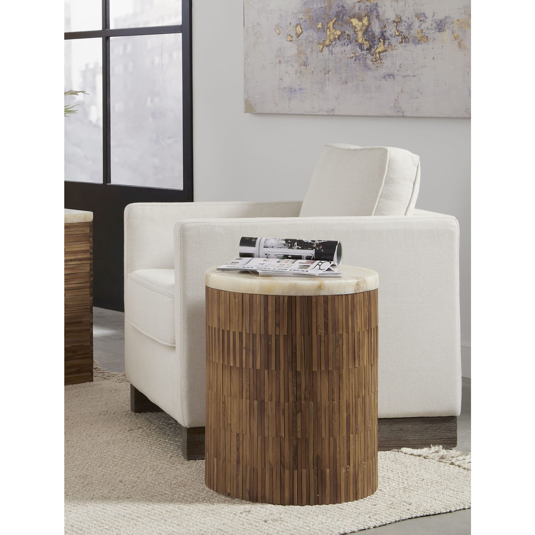 One Stone Wood Tile Round End Table in Onyx and Solid Teak
