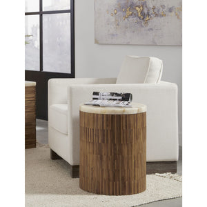 One Stone Wood Tile Round End Table in Onyx and Solid Teak