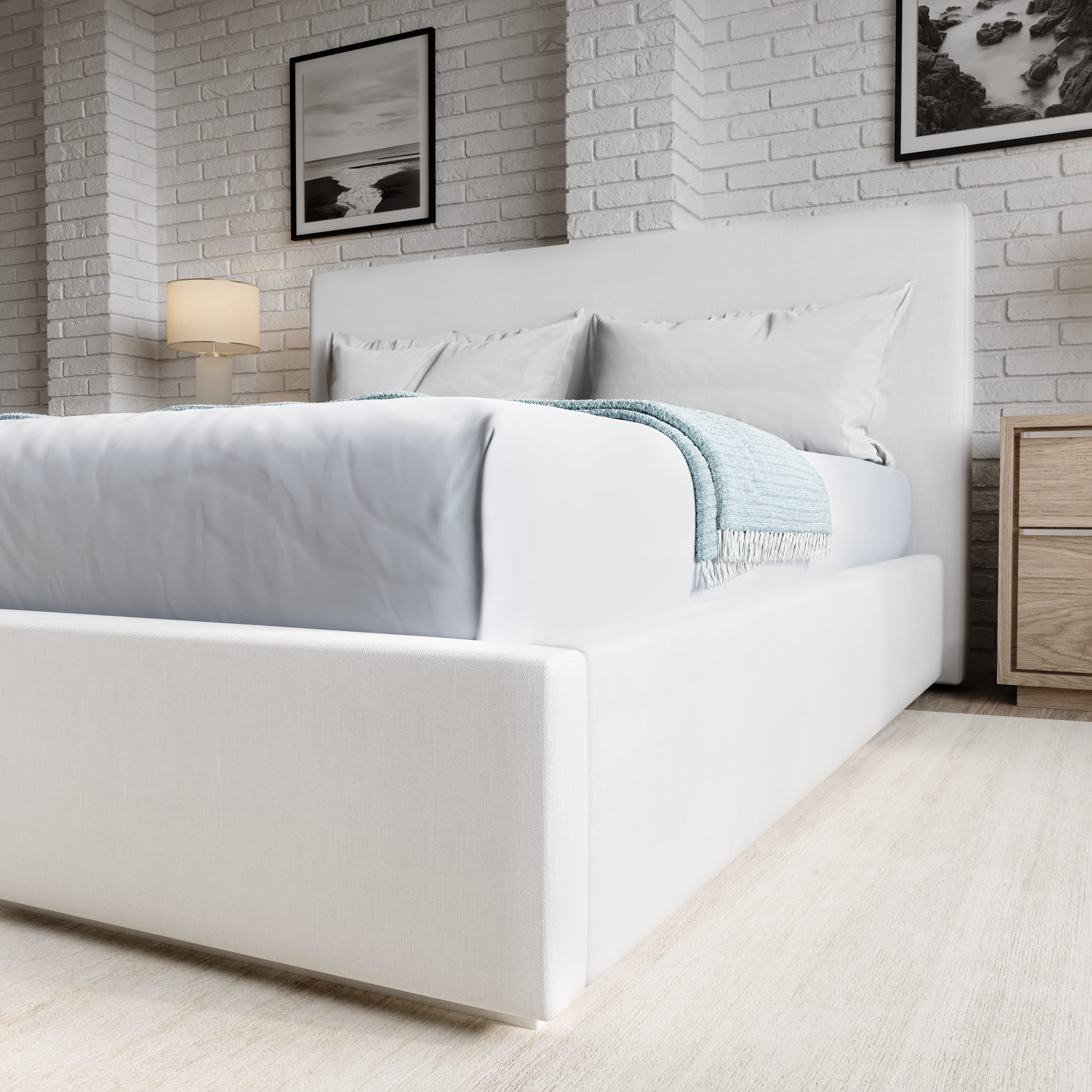 One Upholstered Platform Bed in Pearl