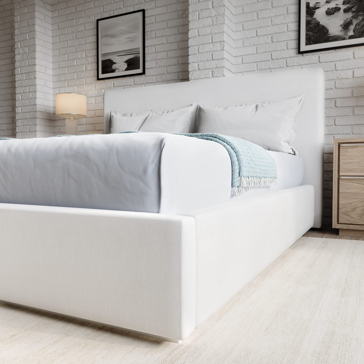 One Upholstered Platform Bed in Pearl