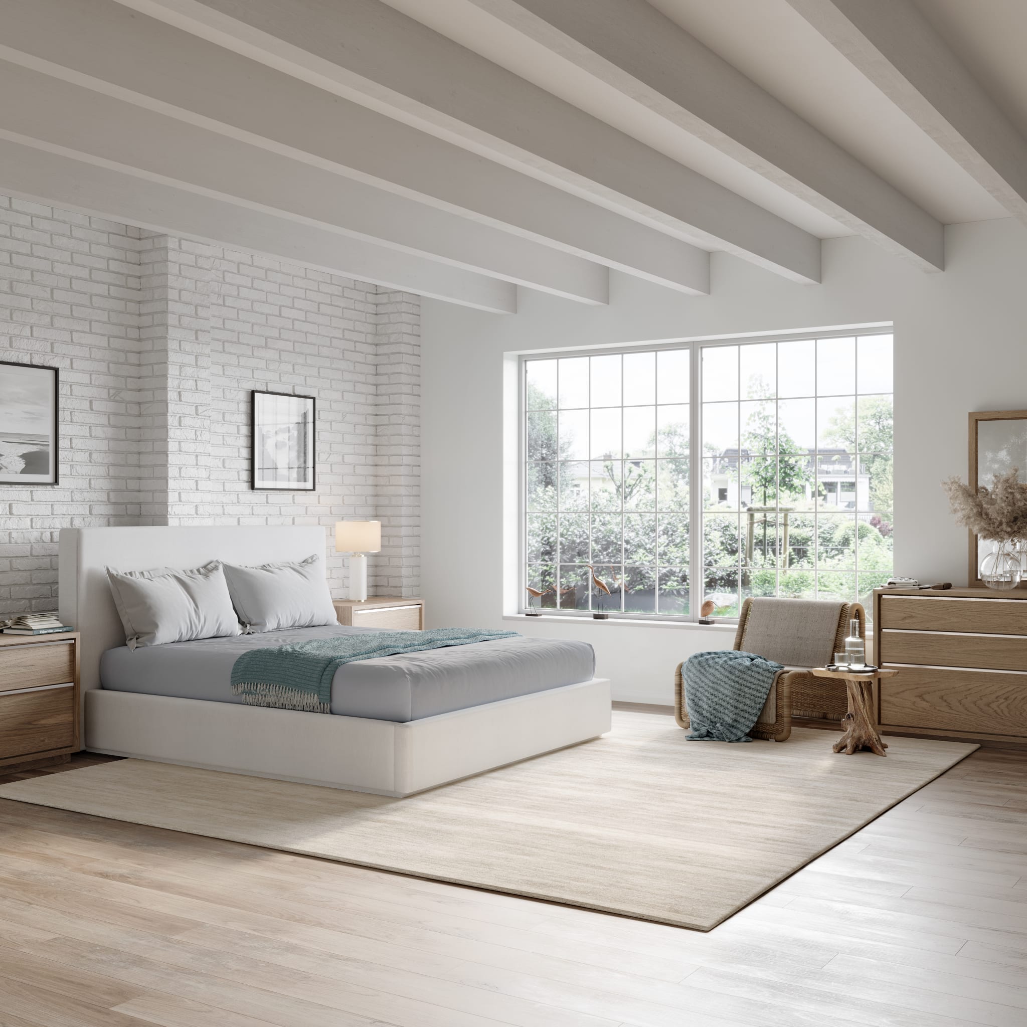 One Upholstered Platform Bed in Pearl