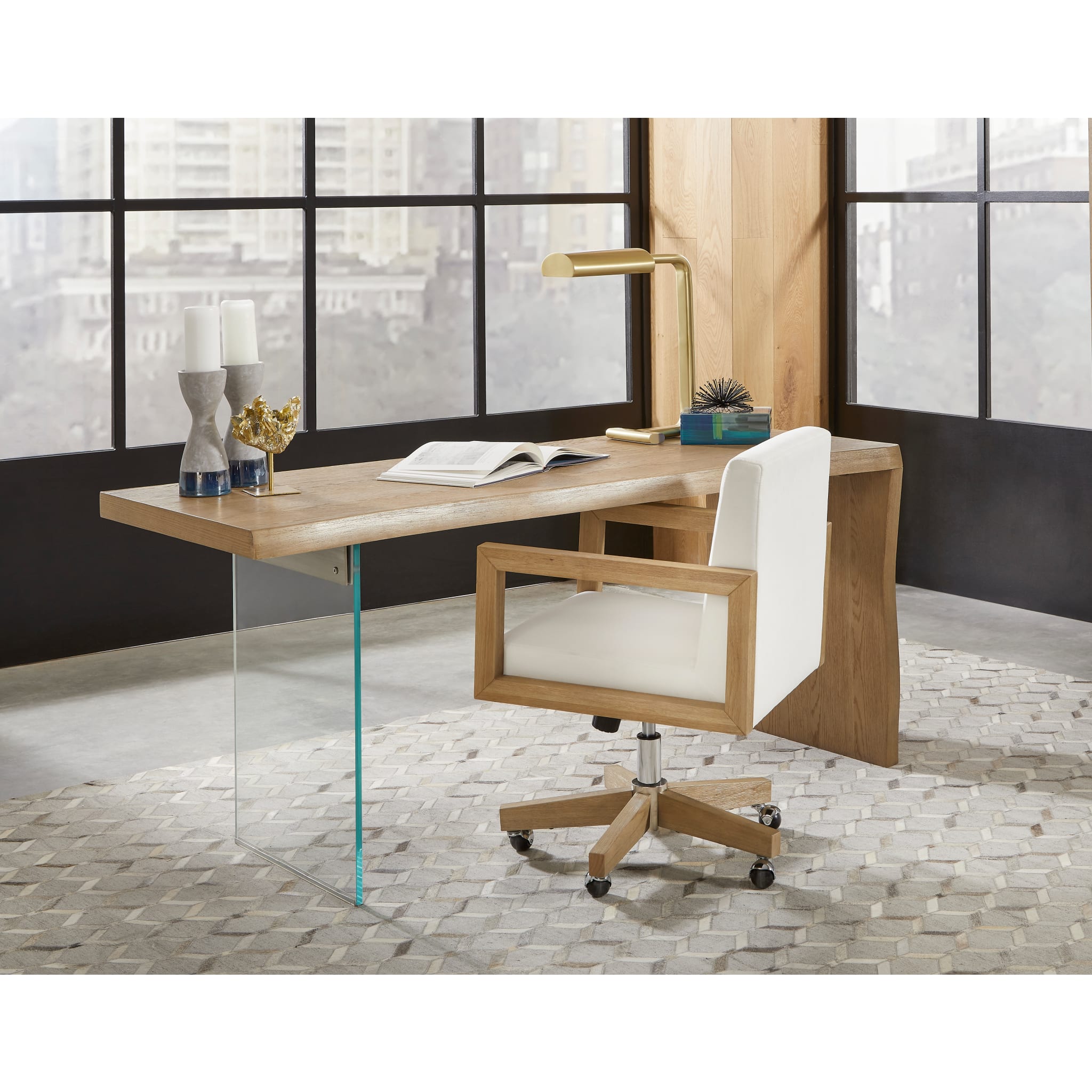 One Wood Frame Home Office Chair in Solid Wood and White Canvas
