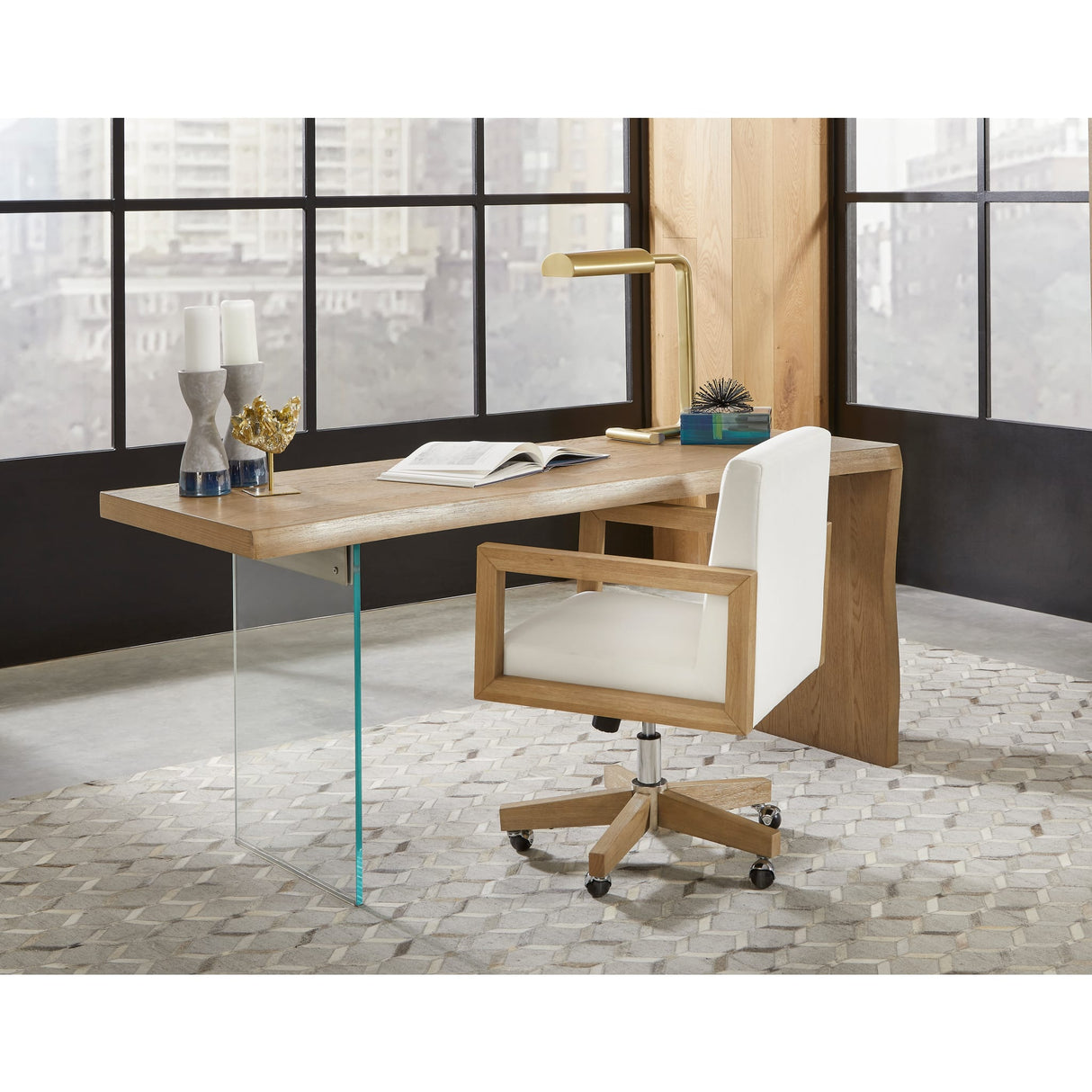 One Wood Frame Home Office Chair in Solid Wood and White Canvas
