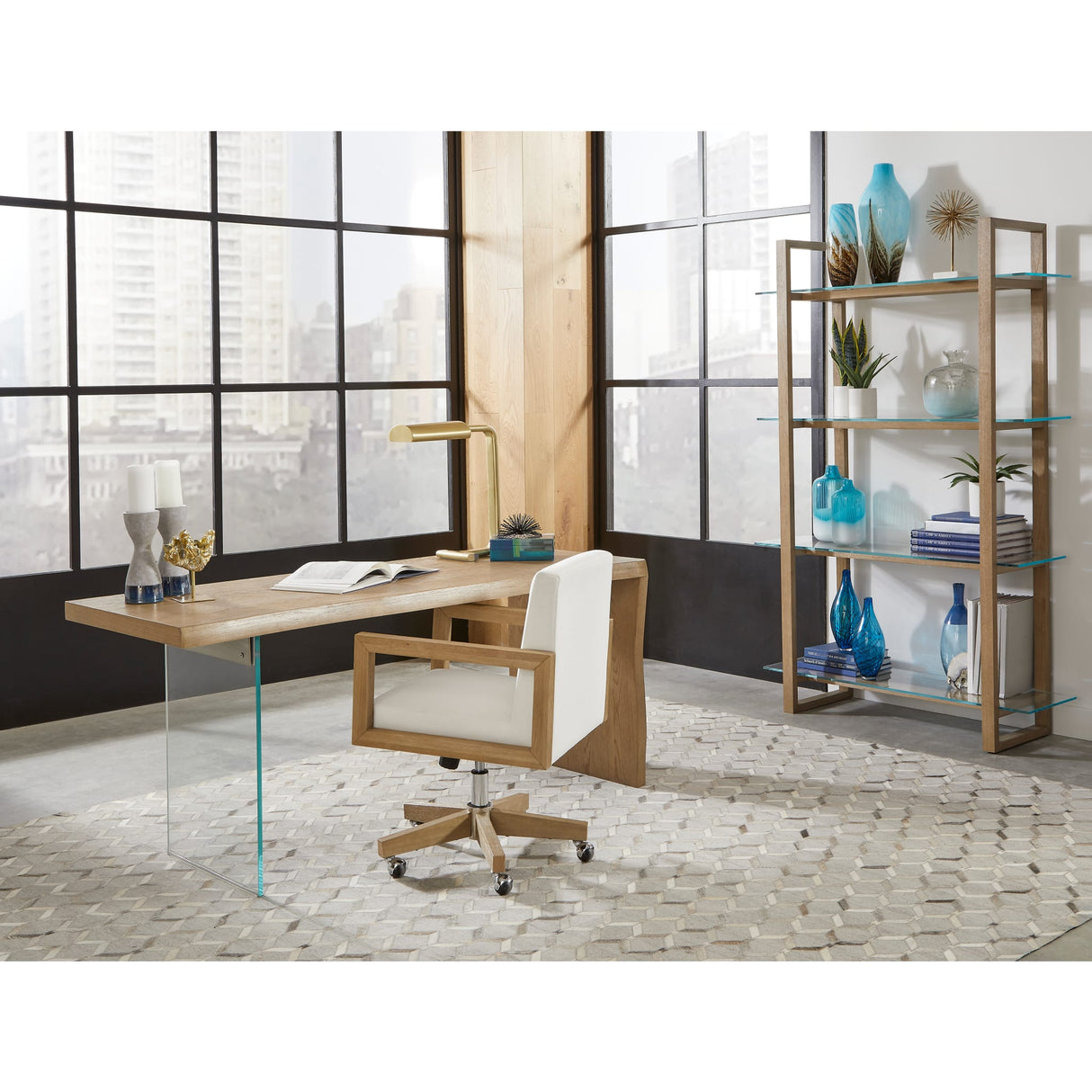 One Wood Frame Home Office Chair in Solid Wood and White Canvas