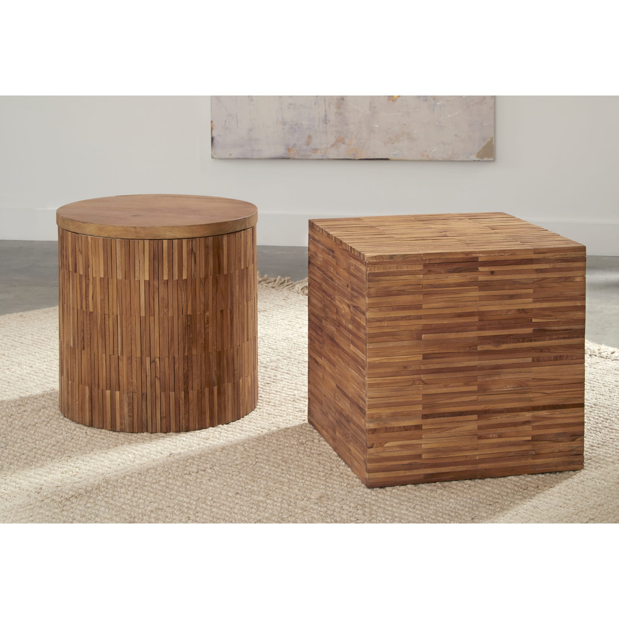 One Wood Tile Round End Table in Solid Teak