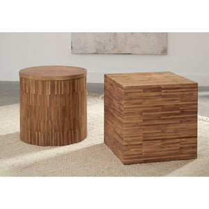 One Wood Tile Round End Table in Solid Teak
