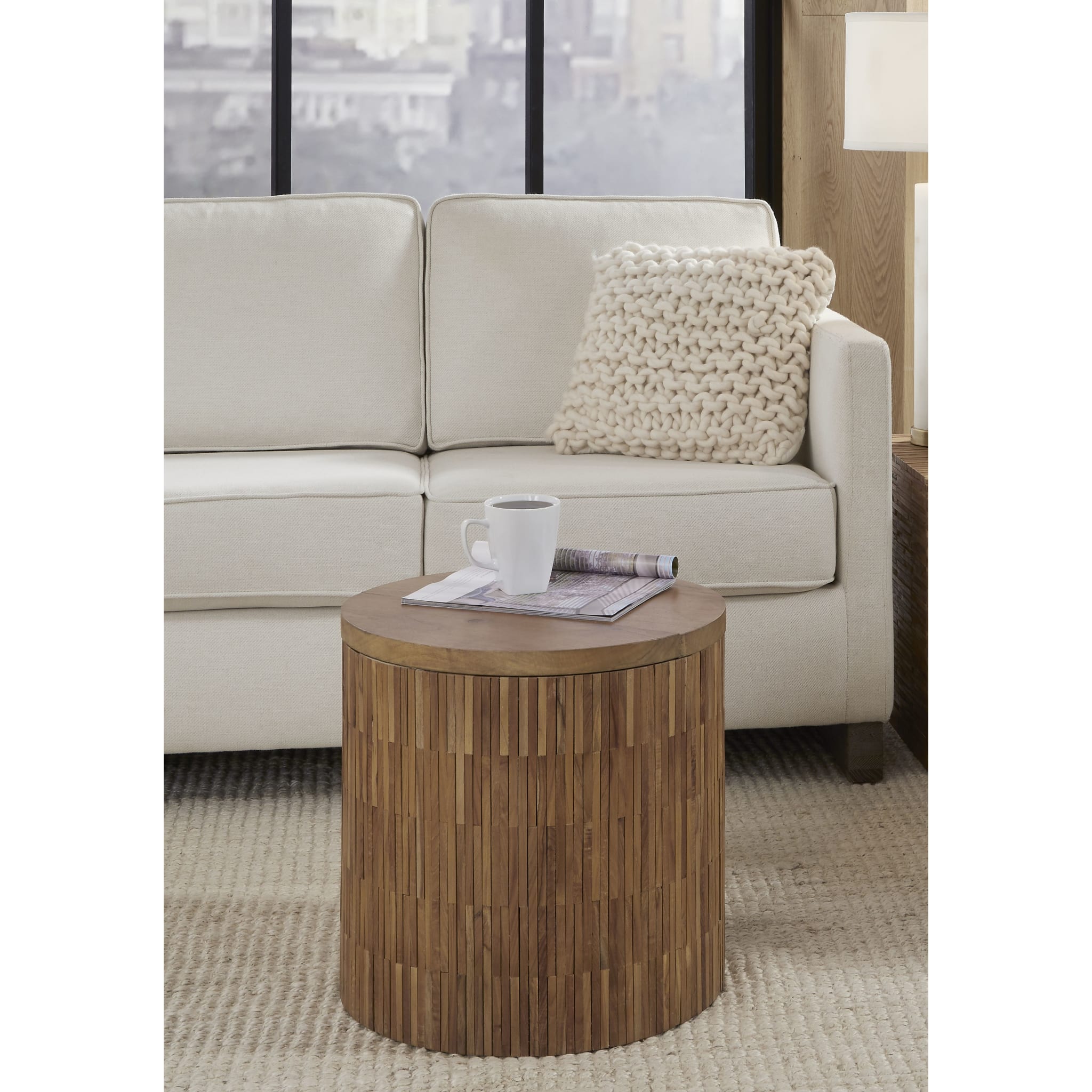 One Wood Tile Round End Table in Solid Teak