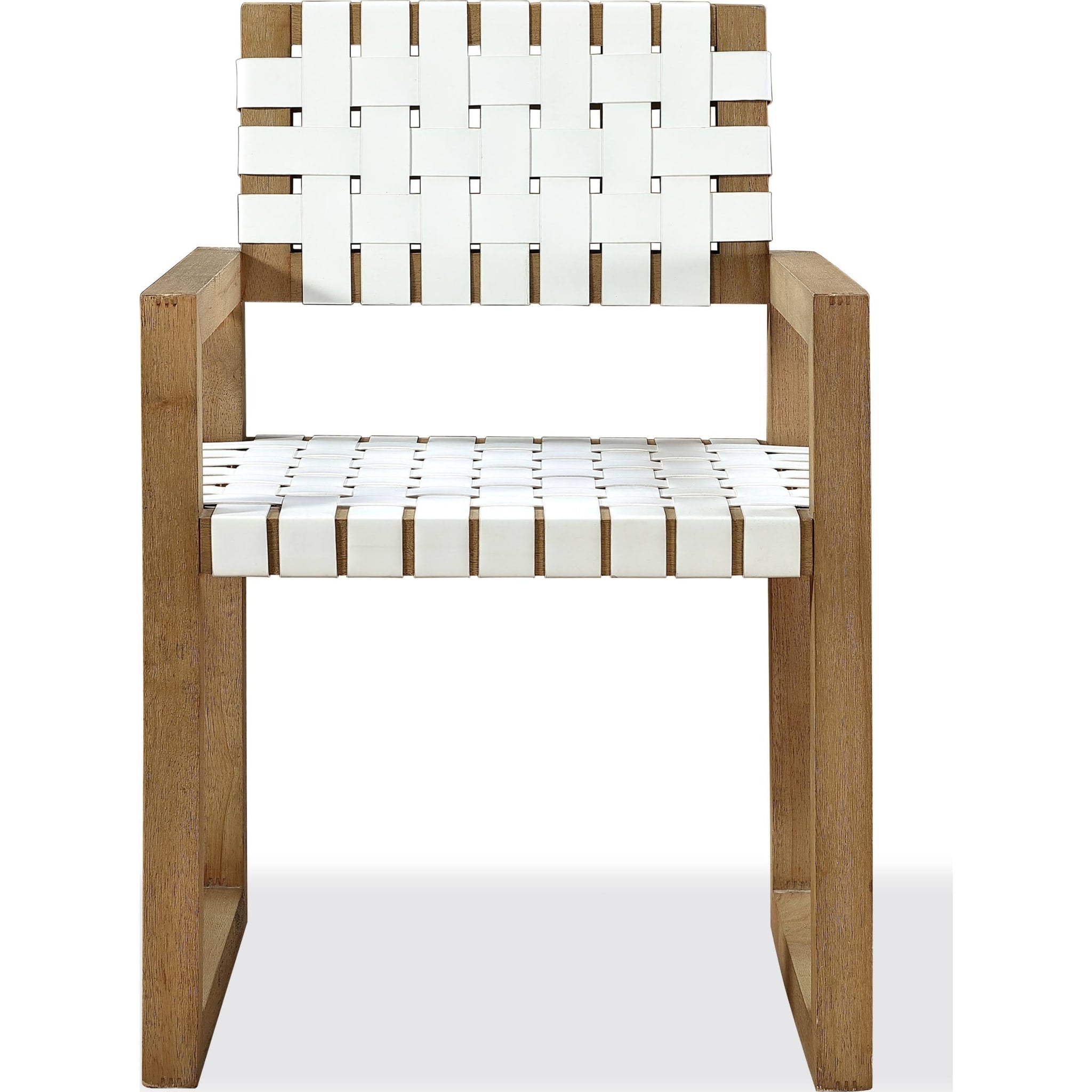 One Woven Leather and Solid Wood Dining Arm Chair in White and Bisque