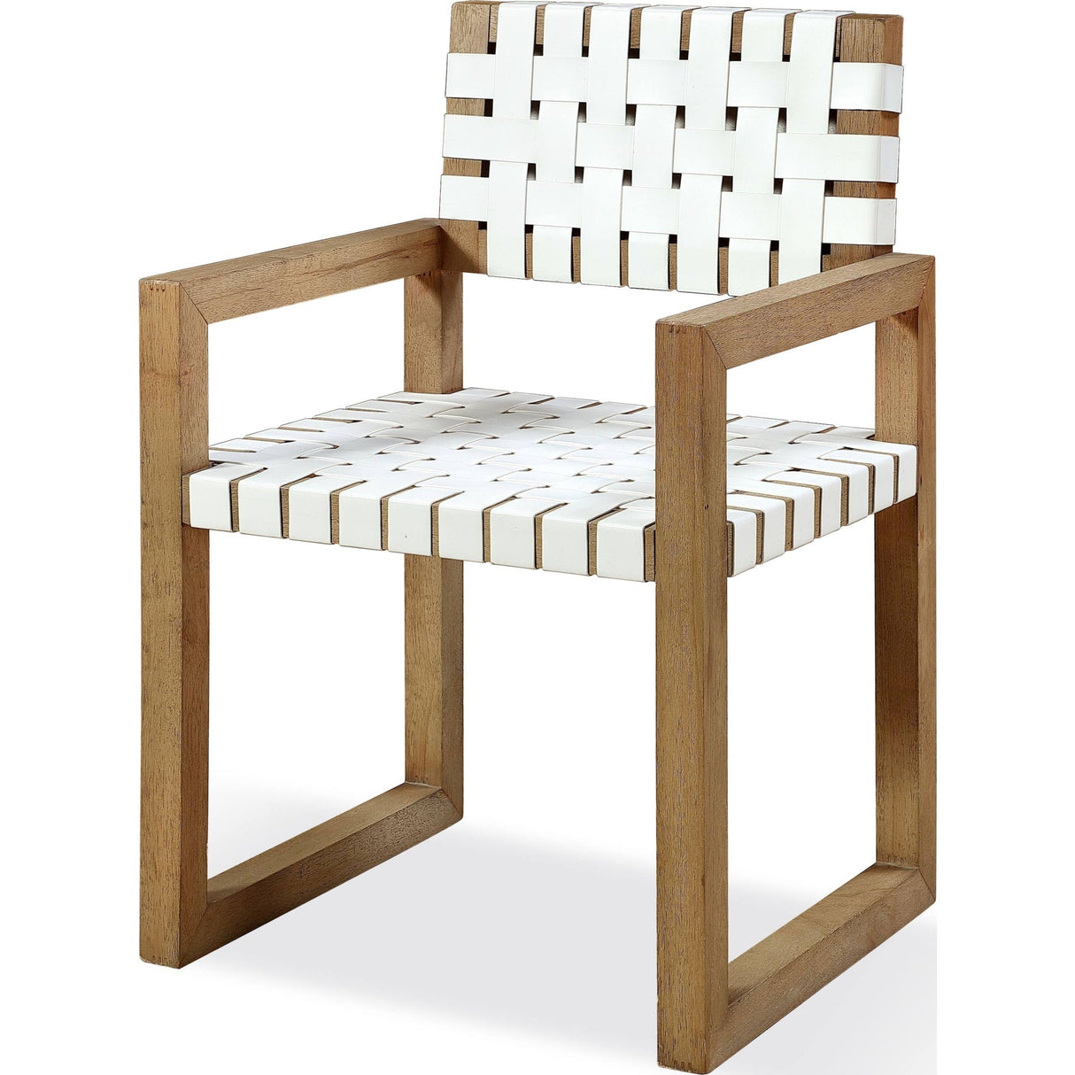 One Woven Leather and Solid Wood Dining Arm Chair in White and Bisque