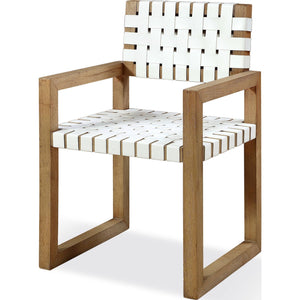 One Woven Leather and Solid Wood Dining Arm Chair in White and Bisque
