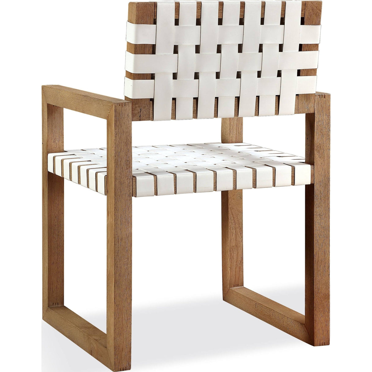 One Woven Leather and Solid Wood Dining Arm Chair in White and Bisque