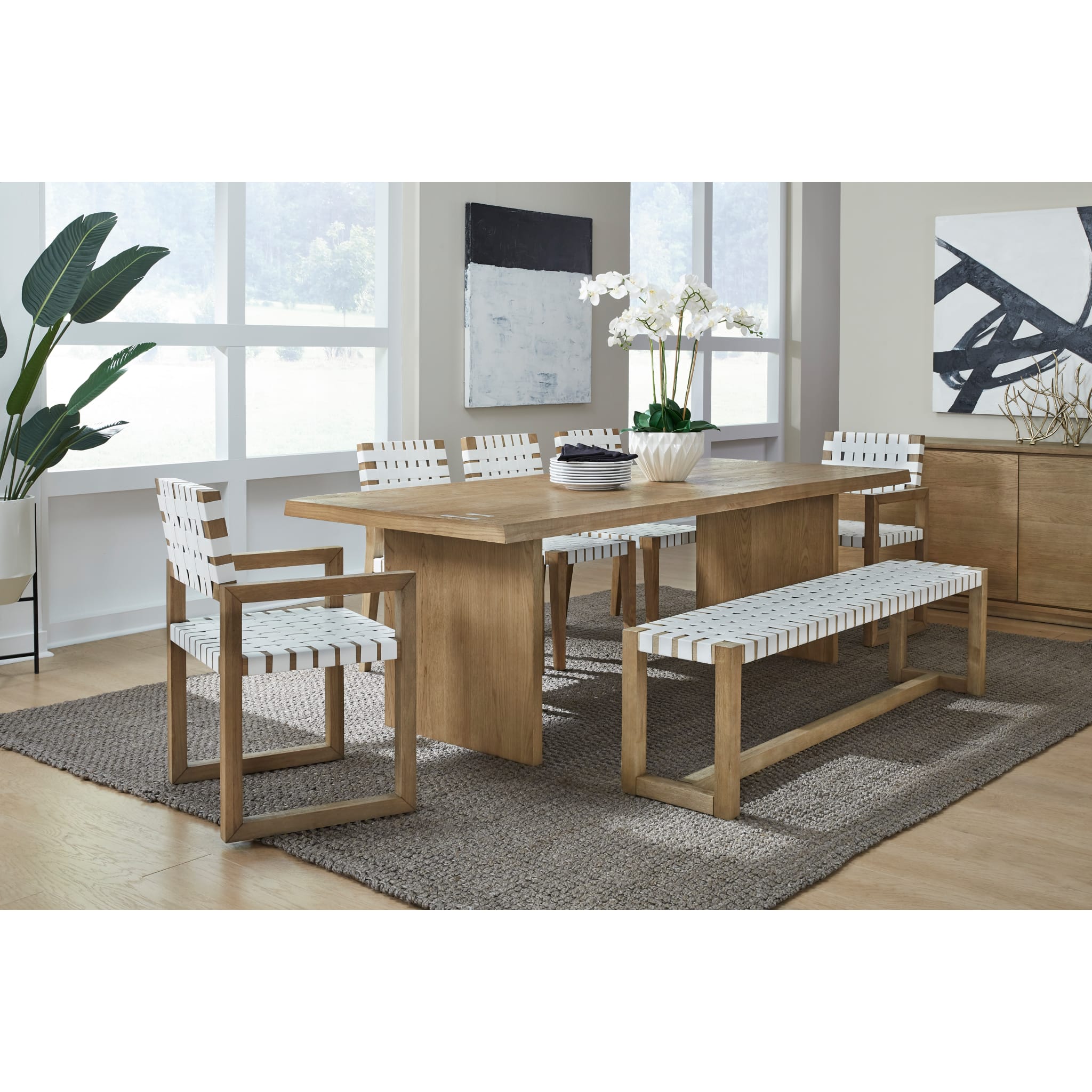 One Woven Leather and Solid Wood Dining Arm Chair in White and Bisque