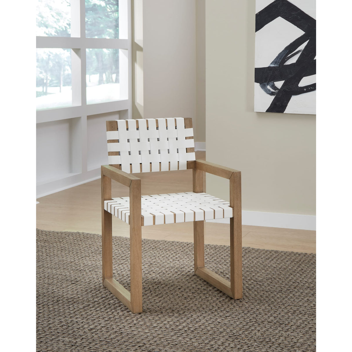 One Woven Leather and Solid Wood Dining Arm Chair in White and Bisque
