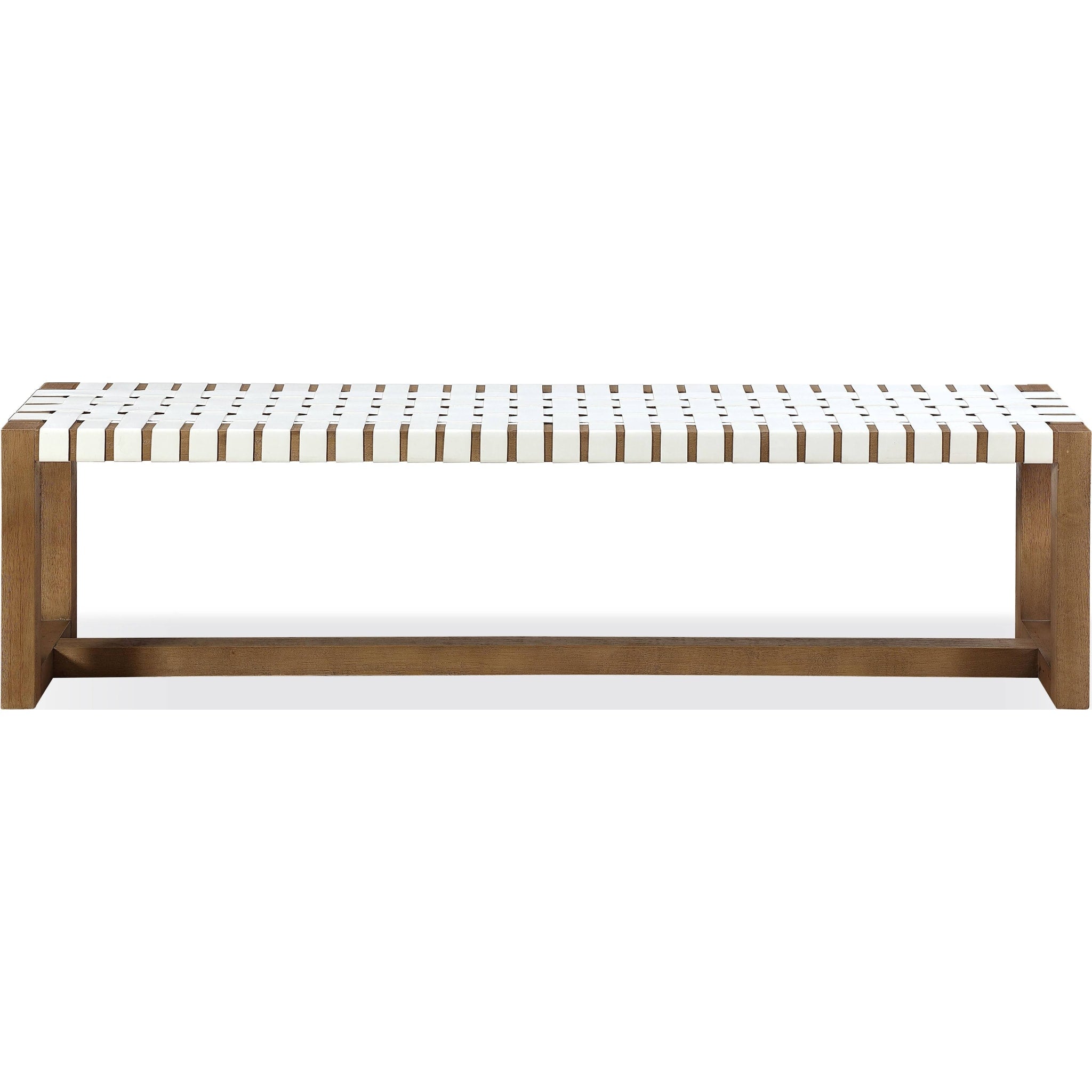 One Woven Leather and Solid Wood Dining Bench in White and Bisque