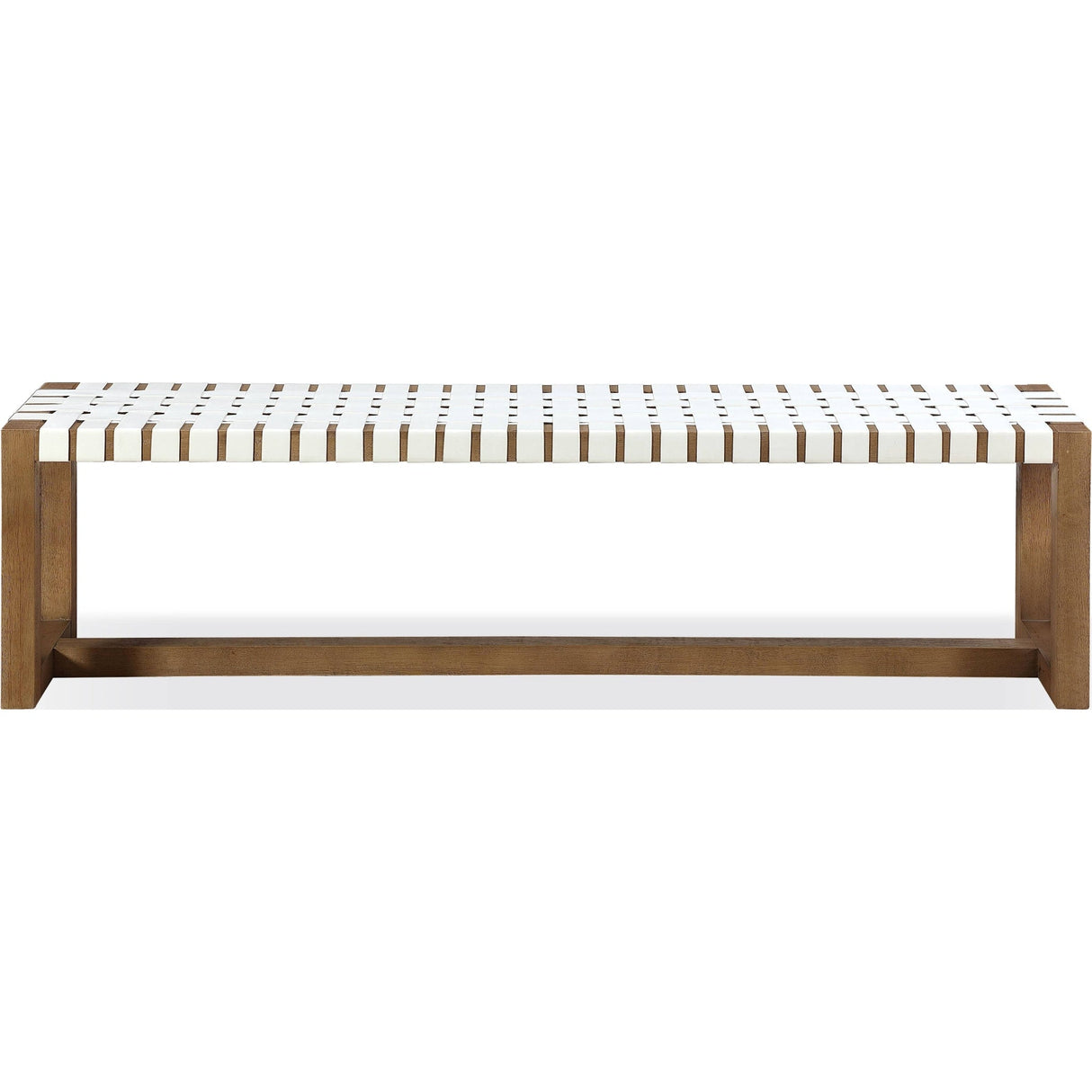 One Woven Leather and Solid Wood Dining Bench in White and Bisque