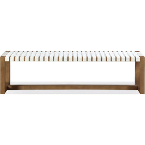 One Woven Leather and Solid Wood Dining Bench in White and Bisque