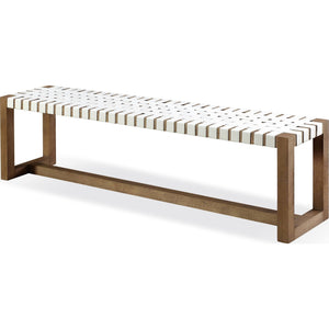 One Woven Leather and Solid Wood Dining Bench in White and Bisque