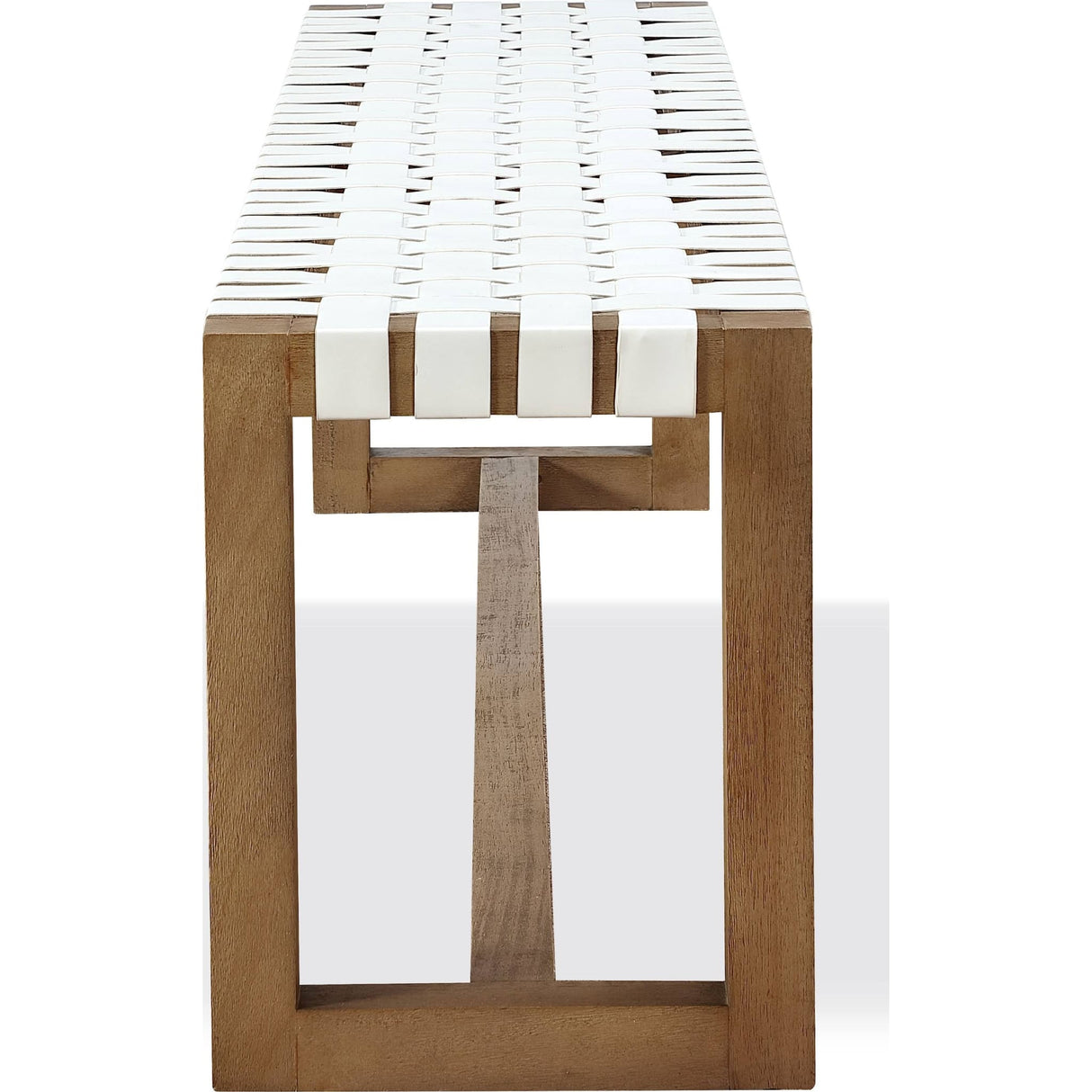 One Woven Leather and Solid Wood Dining Bench in White and Bisque